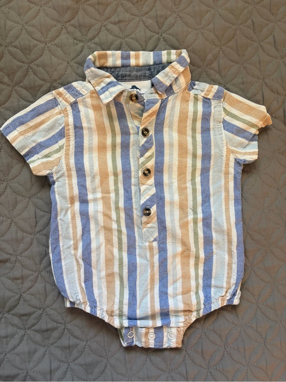 Tommy Bahama Striped Baby Romper in Blue, Tan & Green